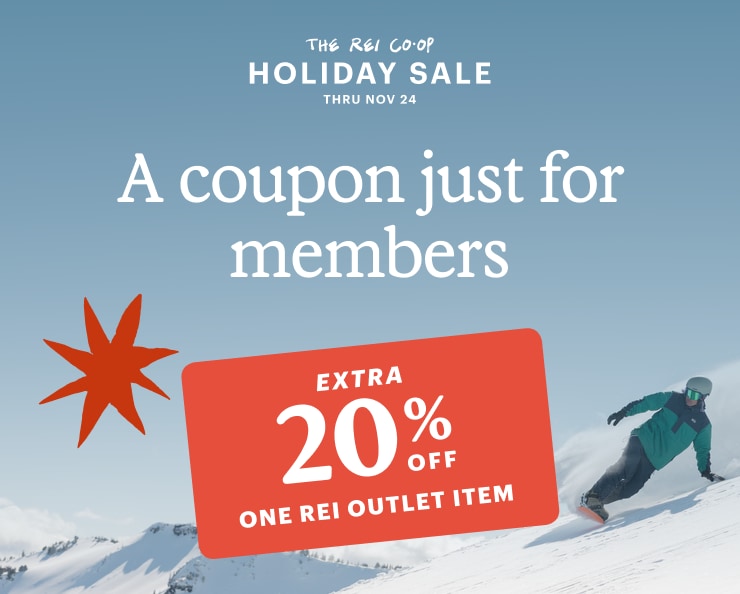 EXTRA 20% OFF ONE ITEM Coupon for REI Outlet. Headline: THE REI CO-OP Holiday Sale. THRU NOV 24. A coupon just for members