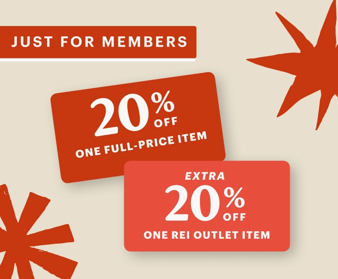 Two member coupons—one for 20% off one full-price item and one for 20% off one R E I Outlet item.