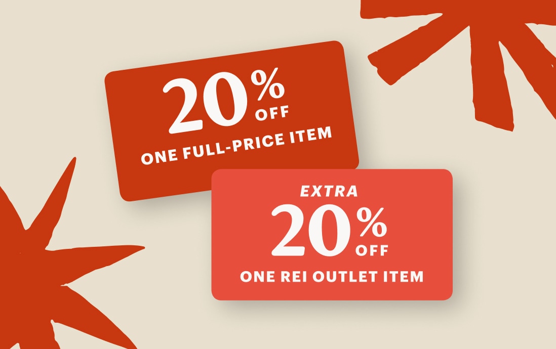 Two member coupons—one for 20% off one full-price item and one for 20% off one R E I Outlet item.