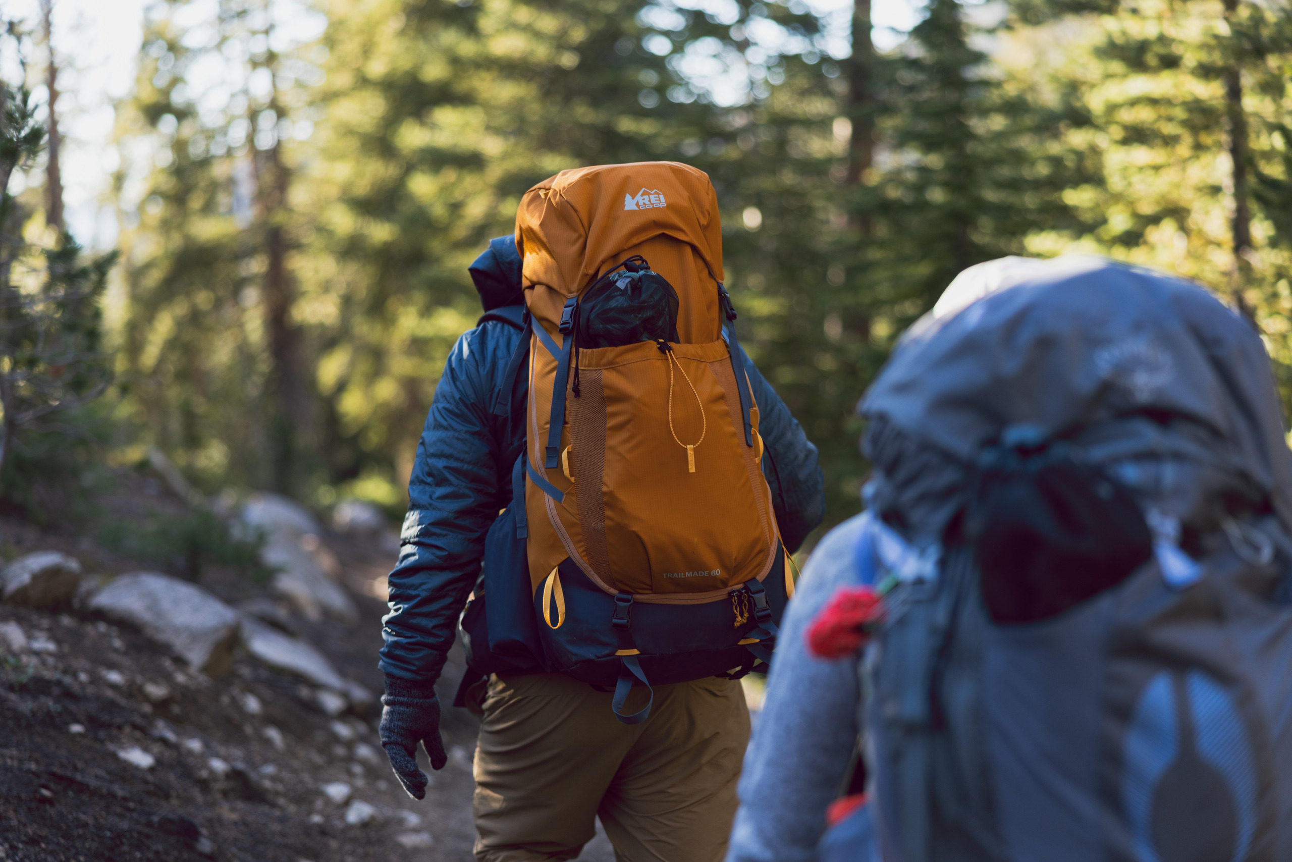 Two people wearing backpacking hit the trails in Idaho.