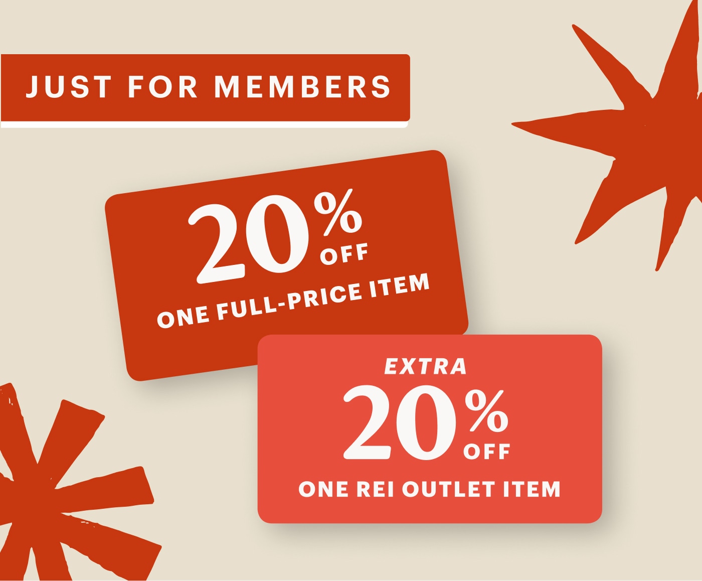 Two member coupons—one for 20% off one full-price item and one for 20% off one R E I Outlet item.