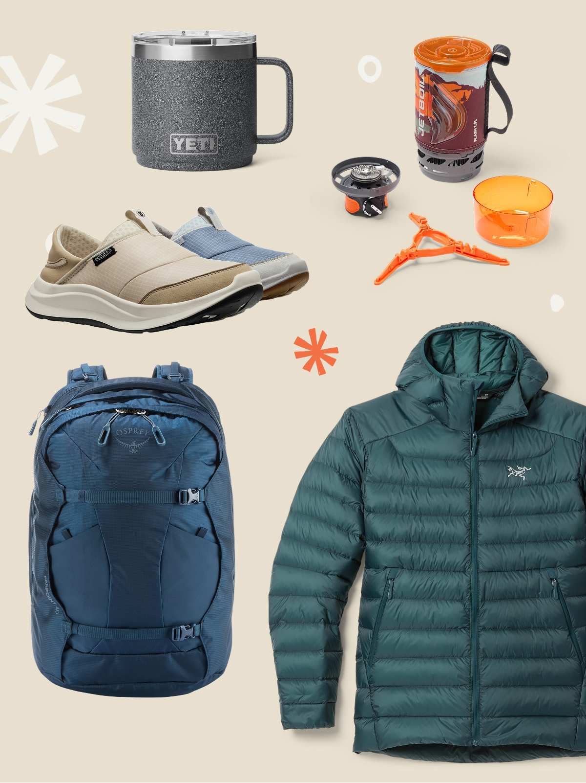 A collage of gift-worthy clothing and gear on a light colored background with snowflakes.
