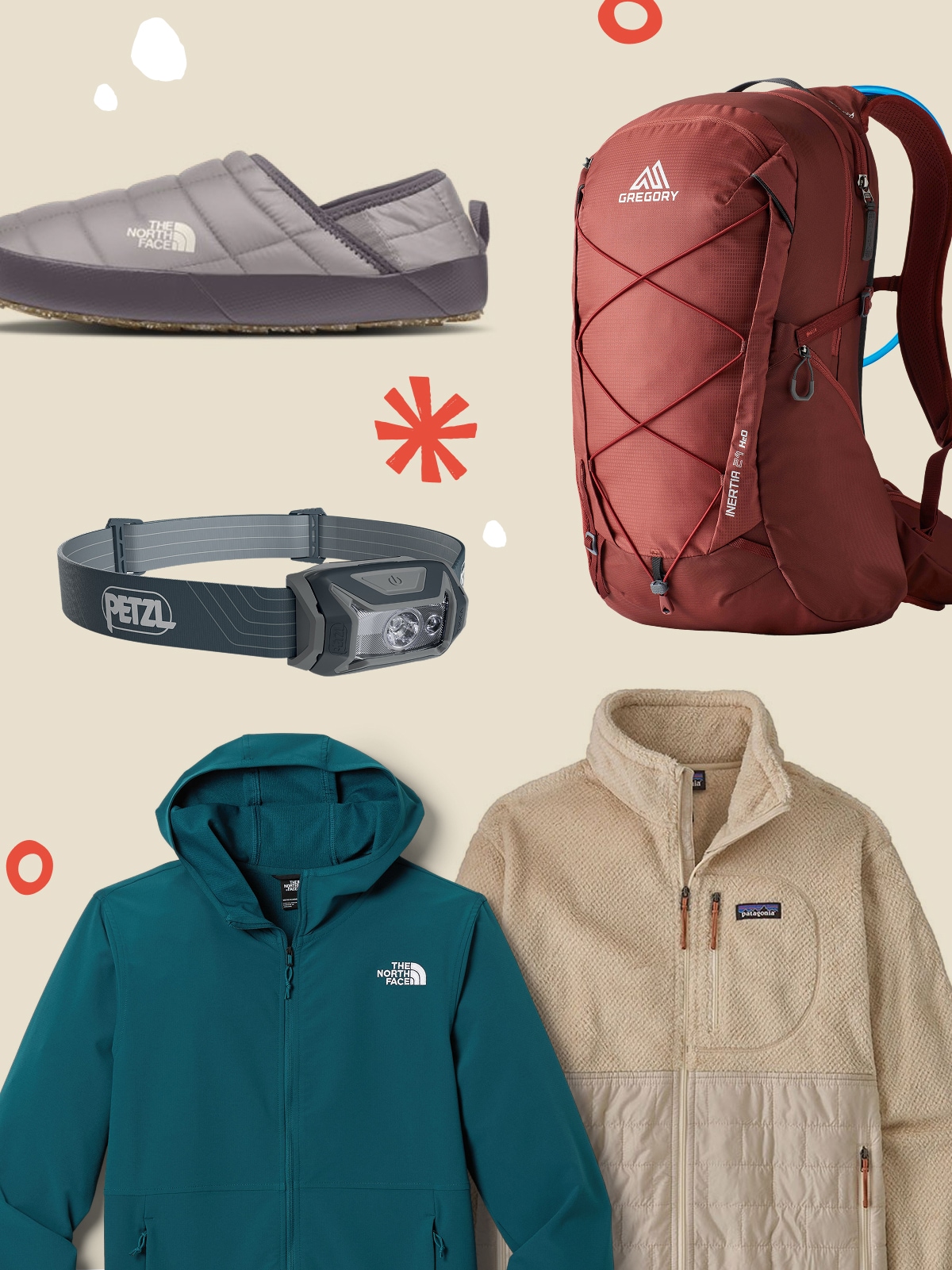 A shoe from The North Face, a red Gregory pack, a Petzl headlamp, and two jackets on a light colored background.