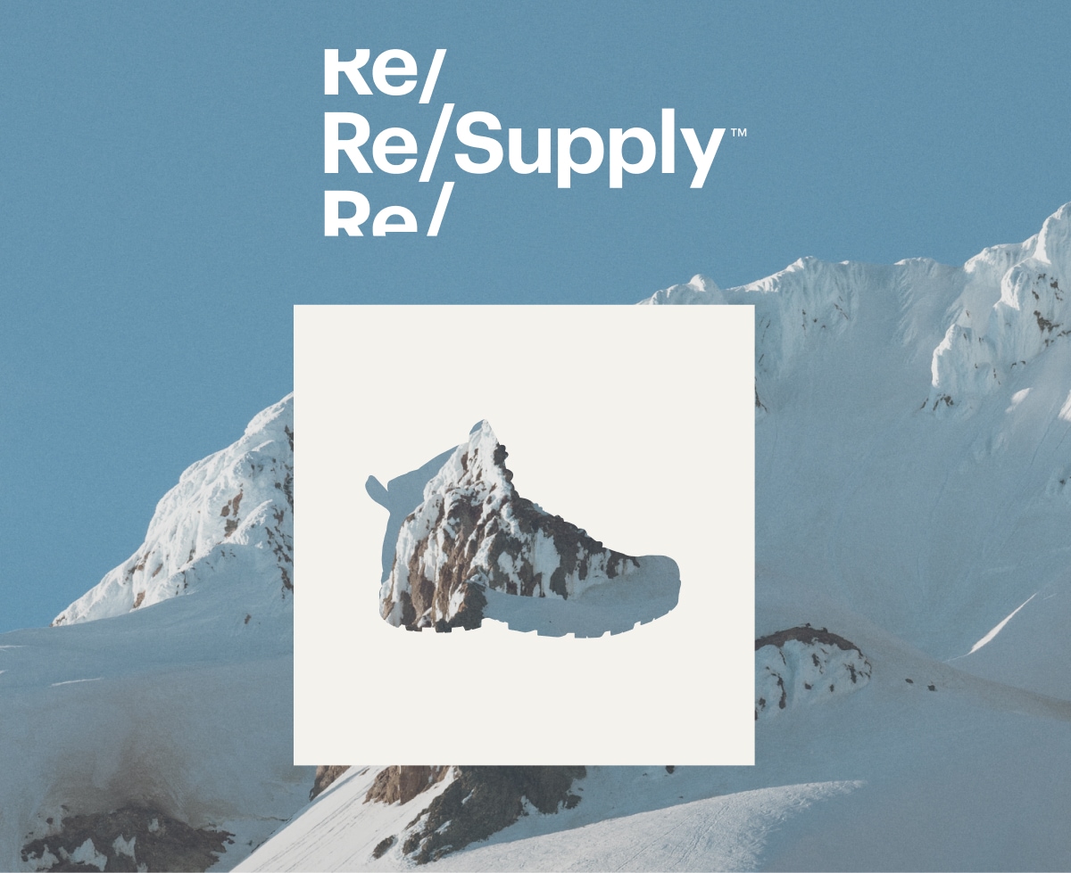 Re/Supply. A cutout in the shape of a boot over an image of a snowy mountain range.
