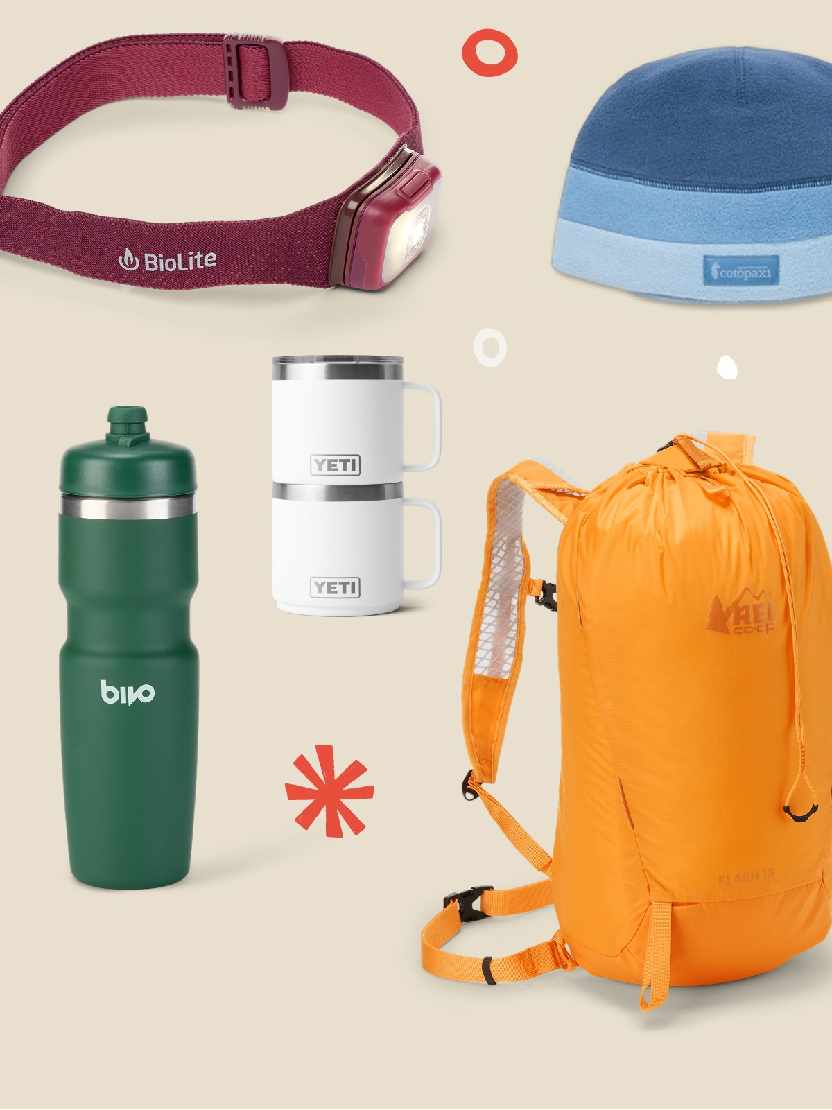 A headlamp, a beanie, two stackable YETI cups, a Bivo insulated bottle, and an R E I Flash 18 pack on a light colored background.