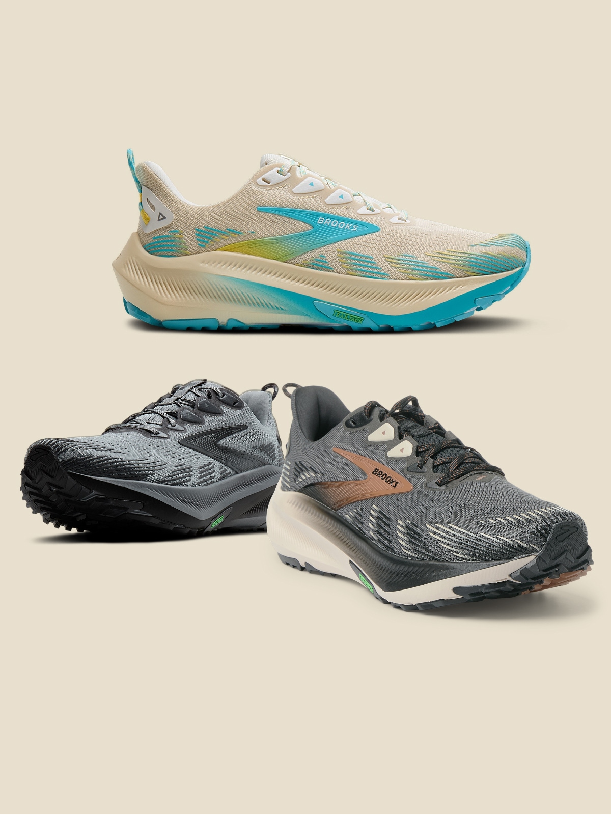 Brooks running shoes on a light colored background.