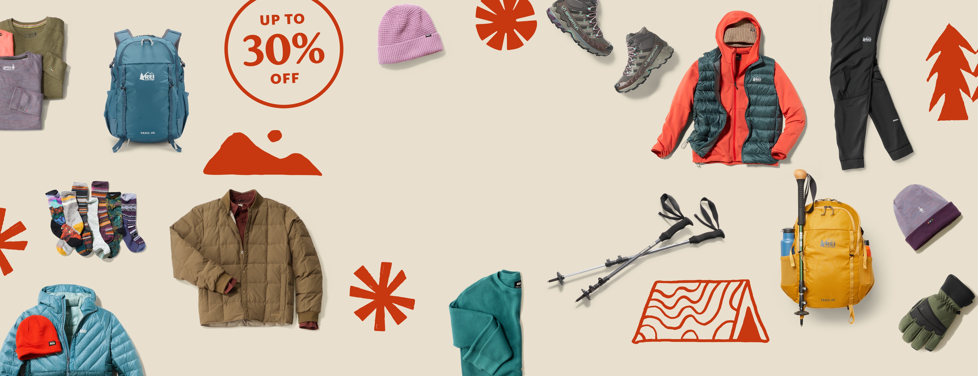 Up to 30% off. R E I Co-op Holiday Sale. A collage of clothing and gear on a light colored background.