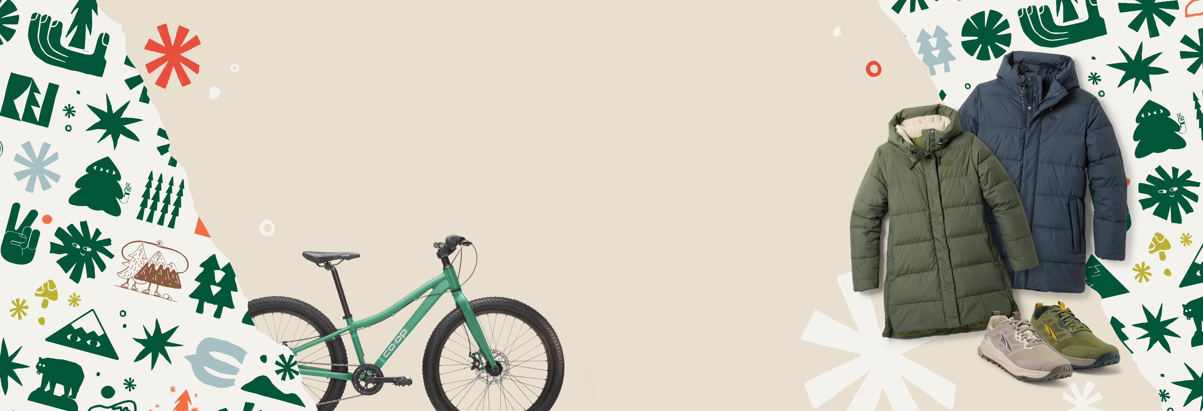 Two jackets, Altra shoes, & a Co-op Cycles bike on a light colored background with holiday wrapping paper in the corners