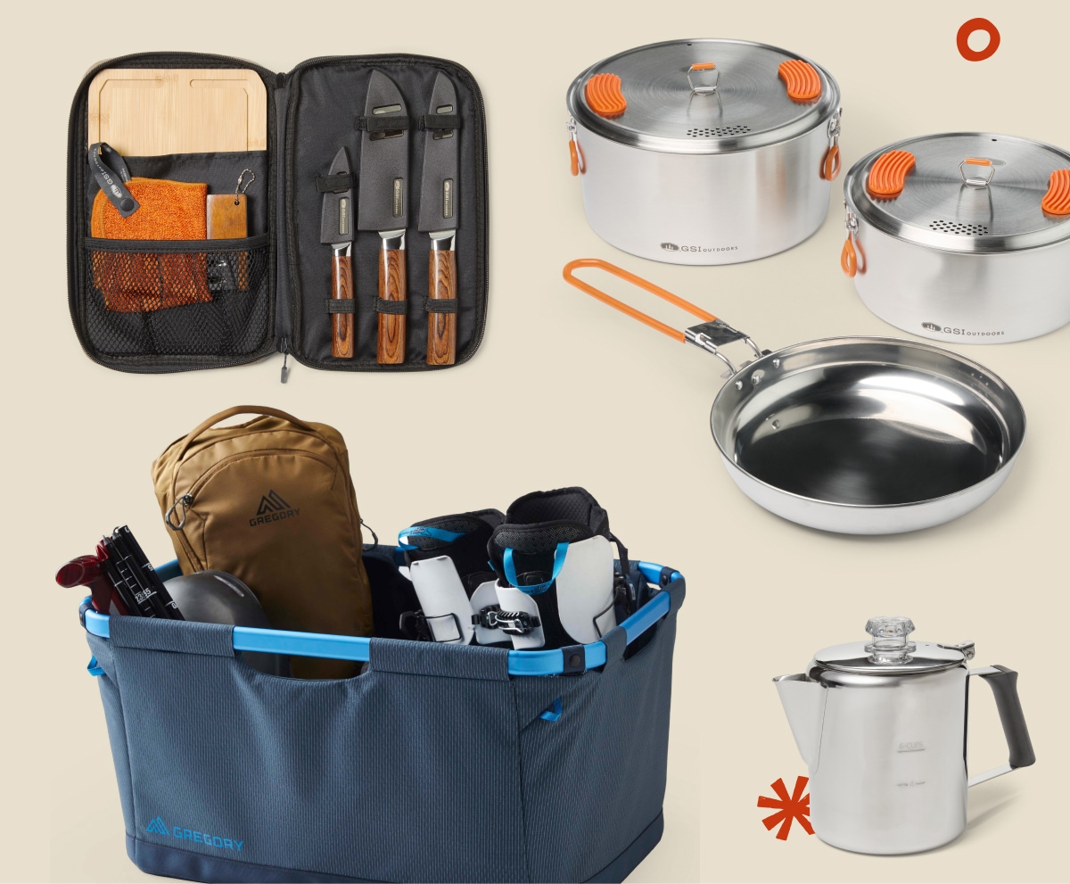 A collage of camping gear, cookware, and utensils on a light colored background.