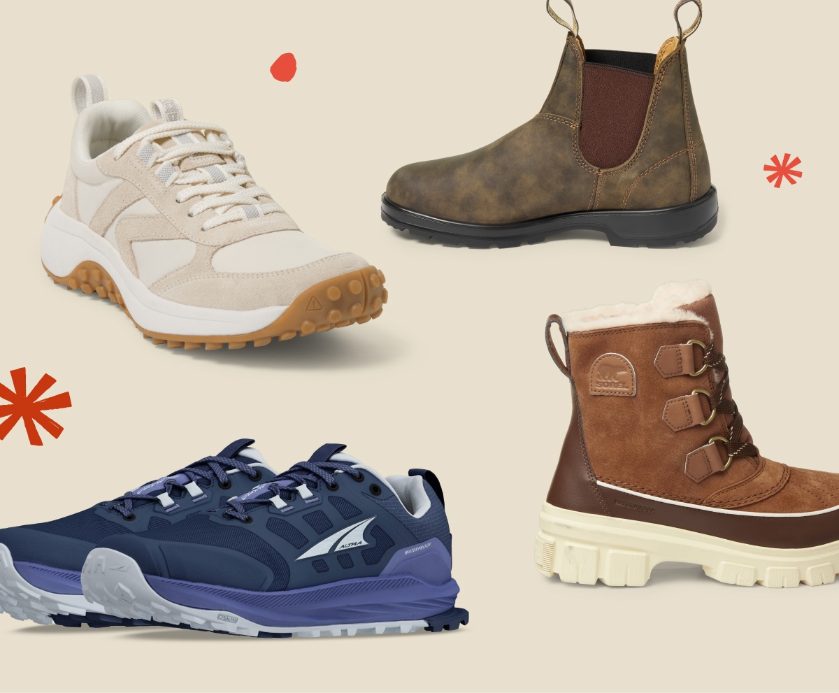 A Keen shoe, Blundstone boot, Sorel boot, and a pair of Altra shoes on a light colored background.