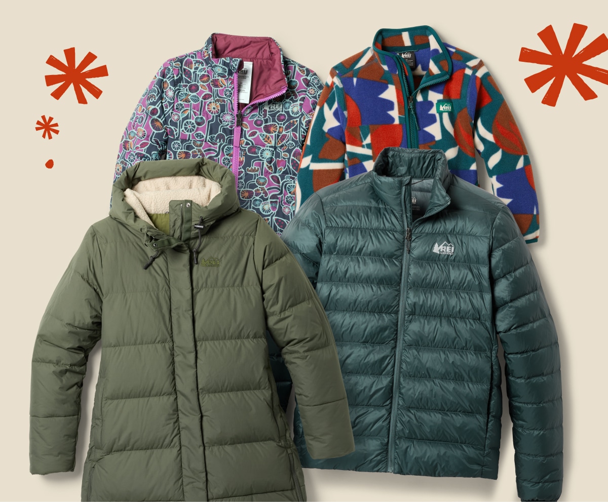 A collage of four R E I Co-op Brand jackets on a light colored background.