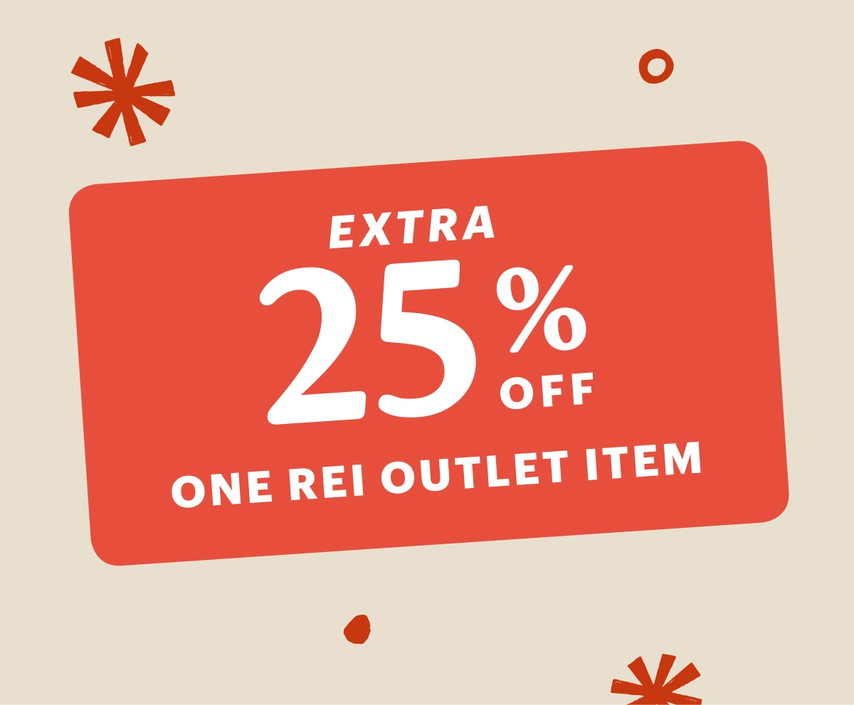 A member coupon for an extra 25% off one R E I Outlet item on a light colored background.