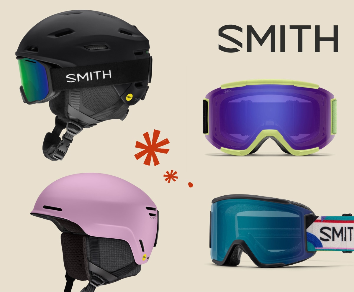 Smith goggles and helmets over a light colored background.
