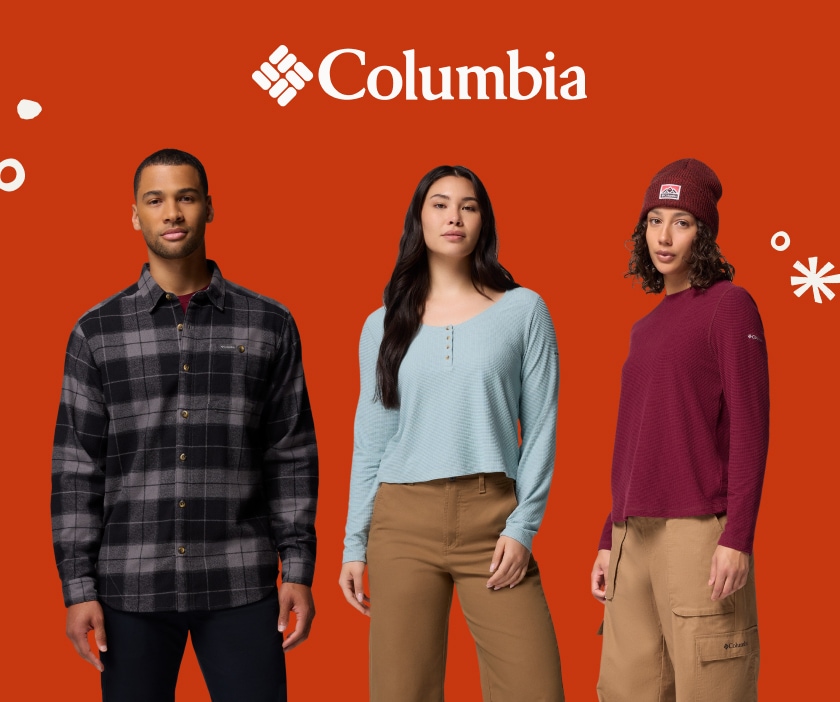 Three people in Columbia clothing over a red background.