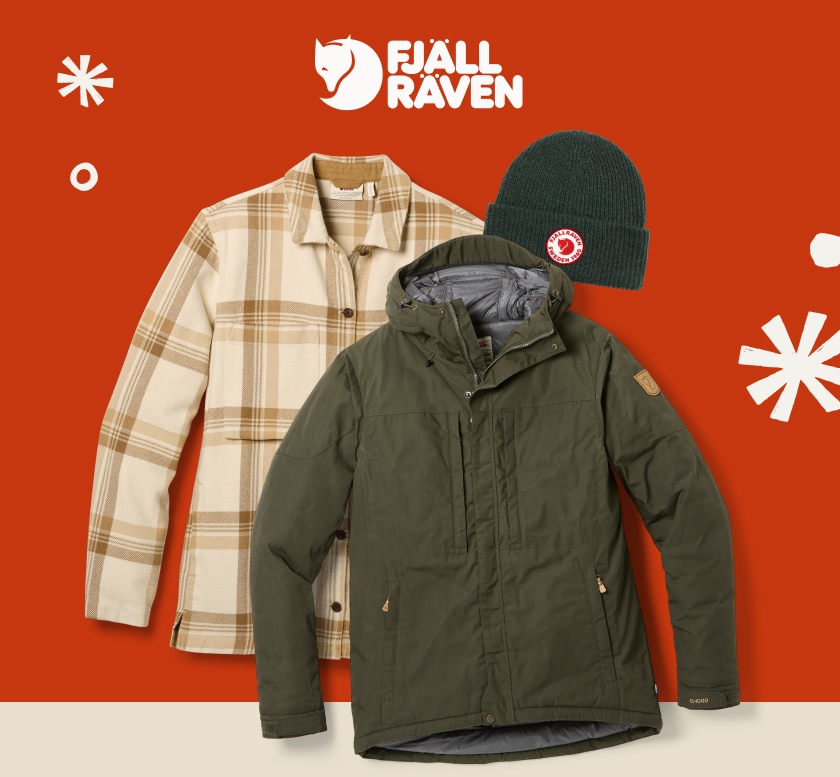 A flannel shirt, a jacket, and a beanie from Fjallraven over a red background.