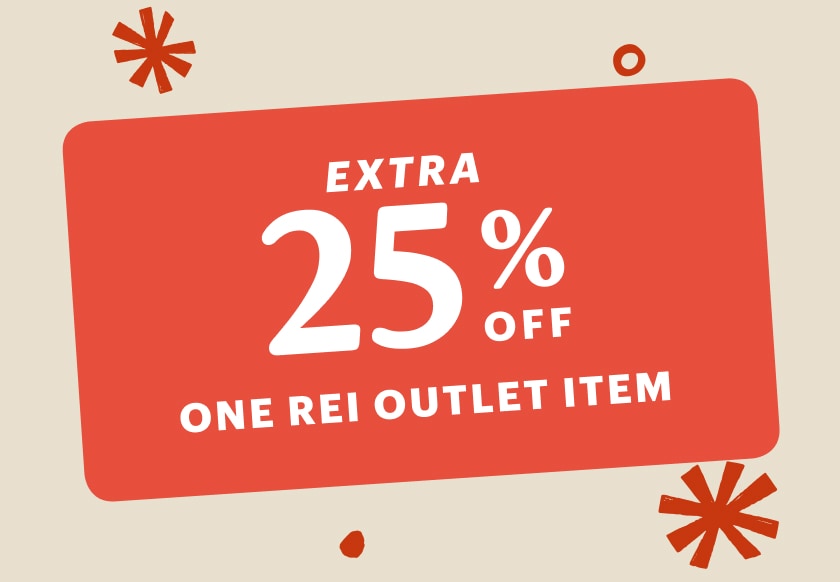 A member coupon for an extra 25% off one R E I Outlet item on a light colored background.