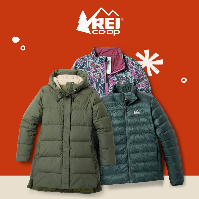 A collage of R E I Co-op Brand jackets over a red background.