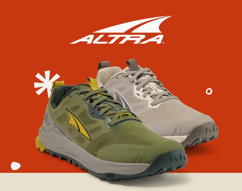 Altra running shoes over a red background.