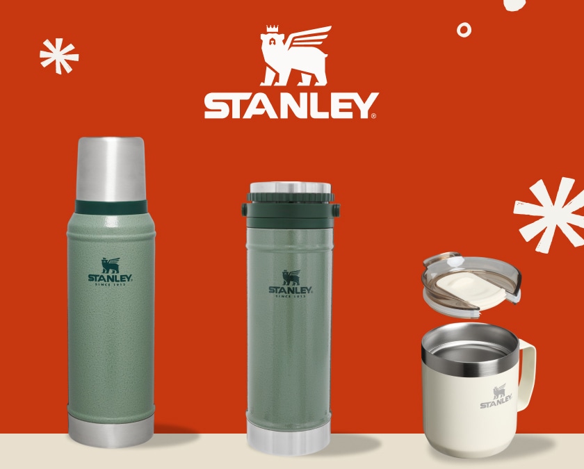 Stanley drinkware over a red background.