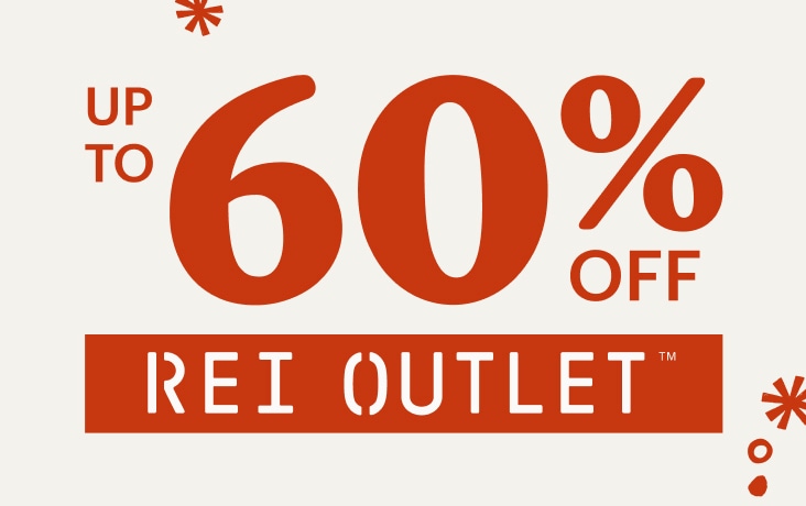 Up to 60% off R E I Outlet on a light colored background with snowflakes.