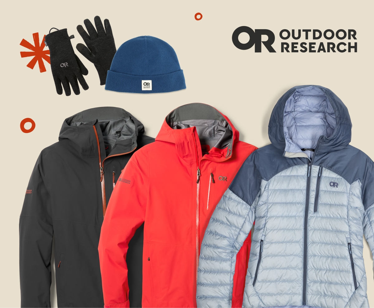 Outdoor Research jackets and cold weather accessories over a light colored background.