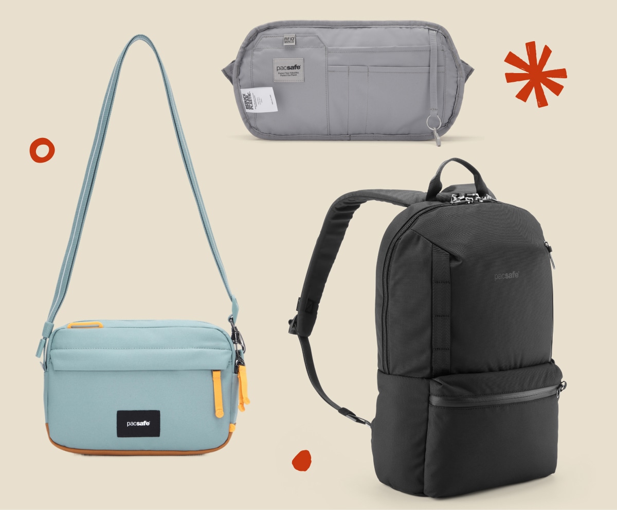 A collage of travel bags over a light colored background.