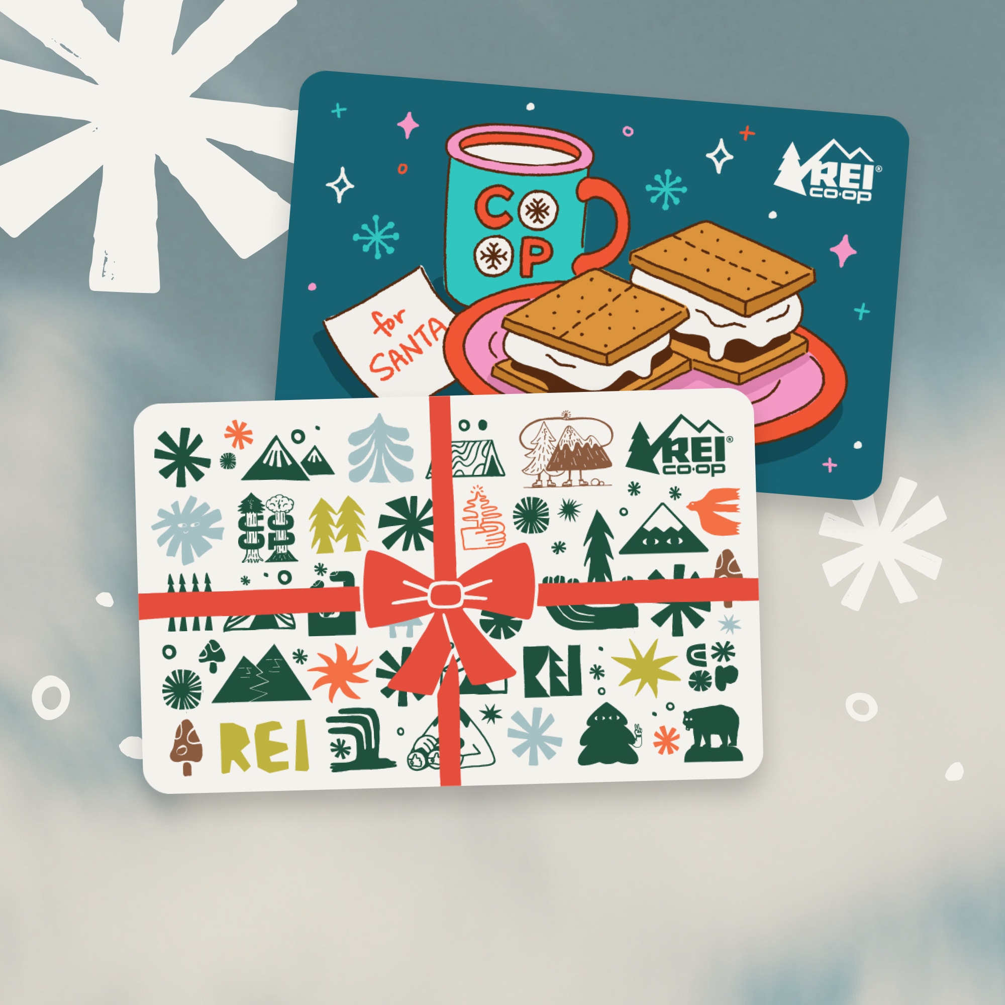 Two holiday-themed gift cards on a cloudy background with snowflake doodles.