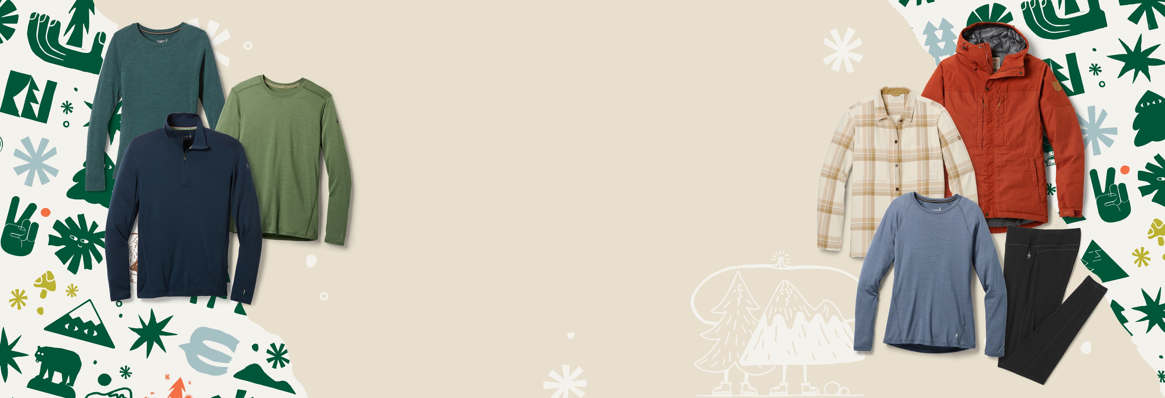 A collage of Smartwool base layers and a Fjallraven flannel and jacket over a light colored background with torn wrapping paper in the corners.