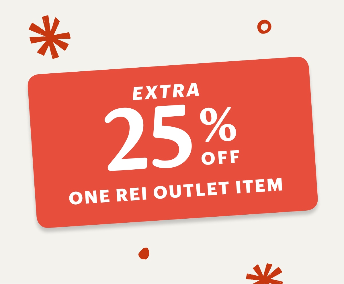 A member coupon for an extra 25% off one R E I Outlet item on a light colored background.