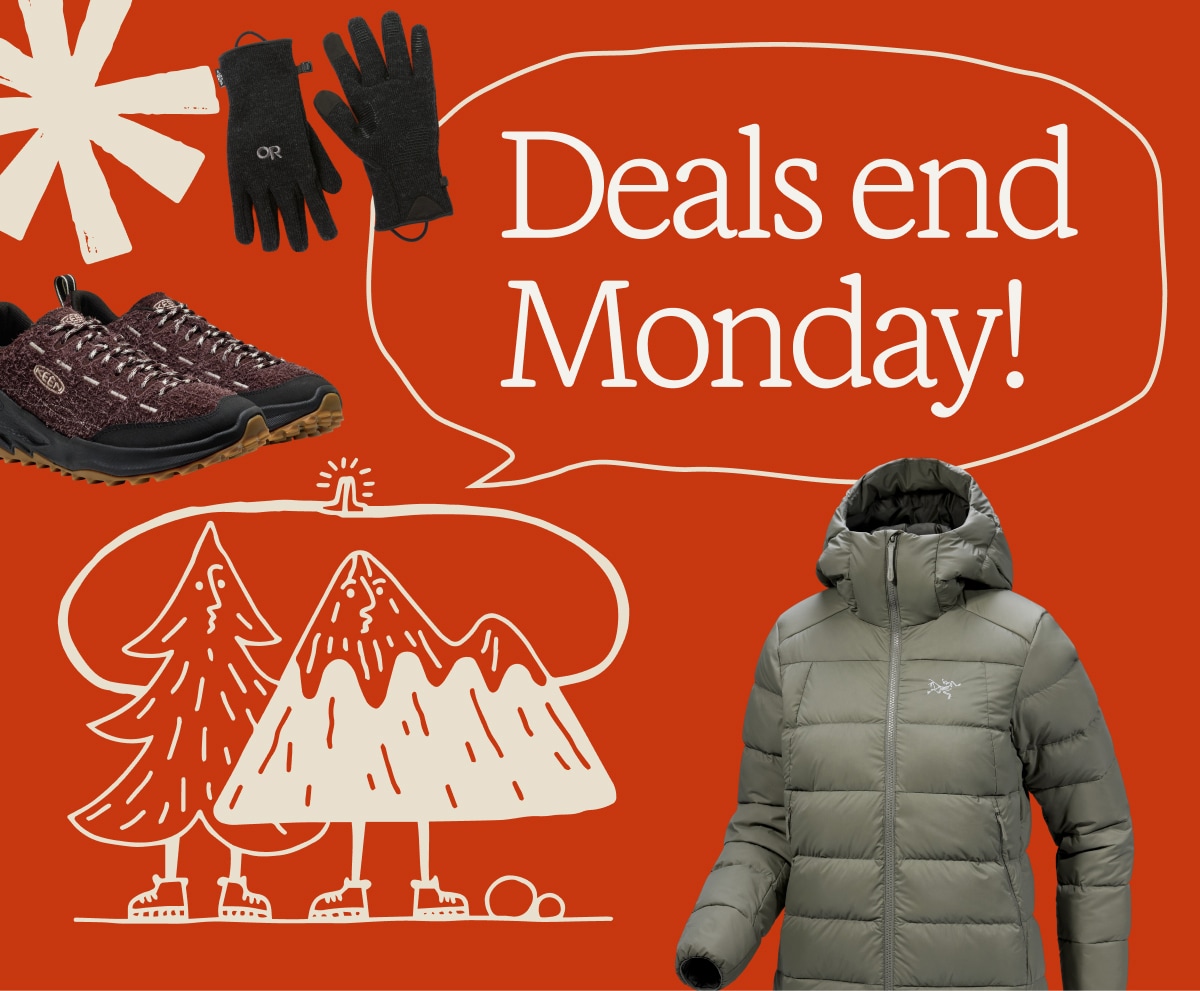 Deals end Monday! A pair of Keen shoes, Outdoor Research gloves, & an Arc’teryx jacket on a red background with holiday-shaped doodles.