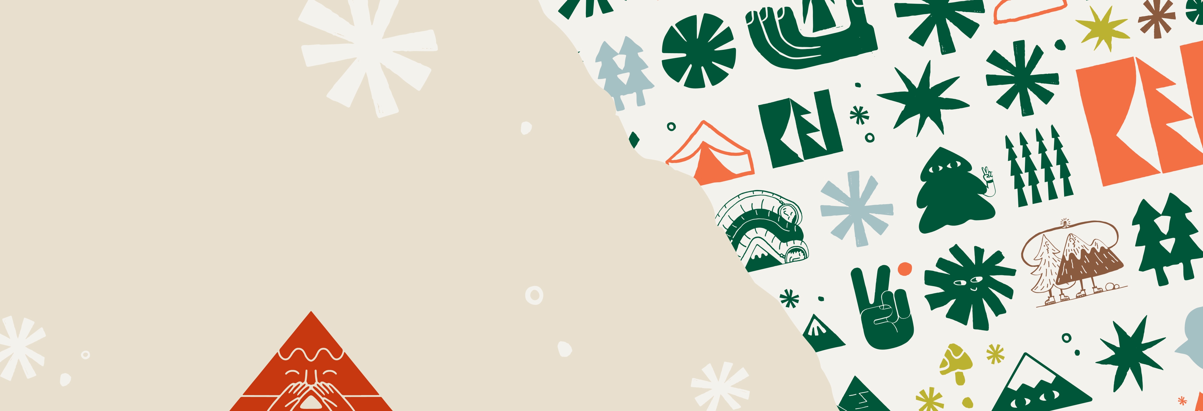 Wrapping paper with holiday motifs, snowflakes, and a hand-drawn mountain graphic.