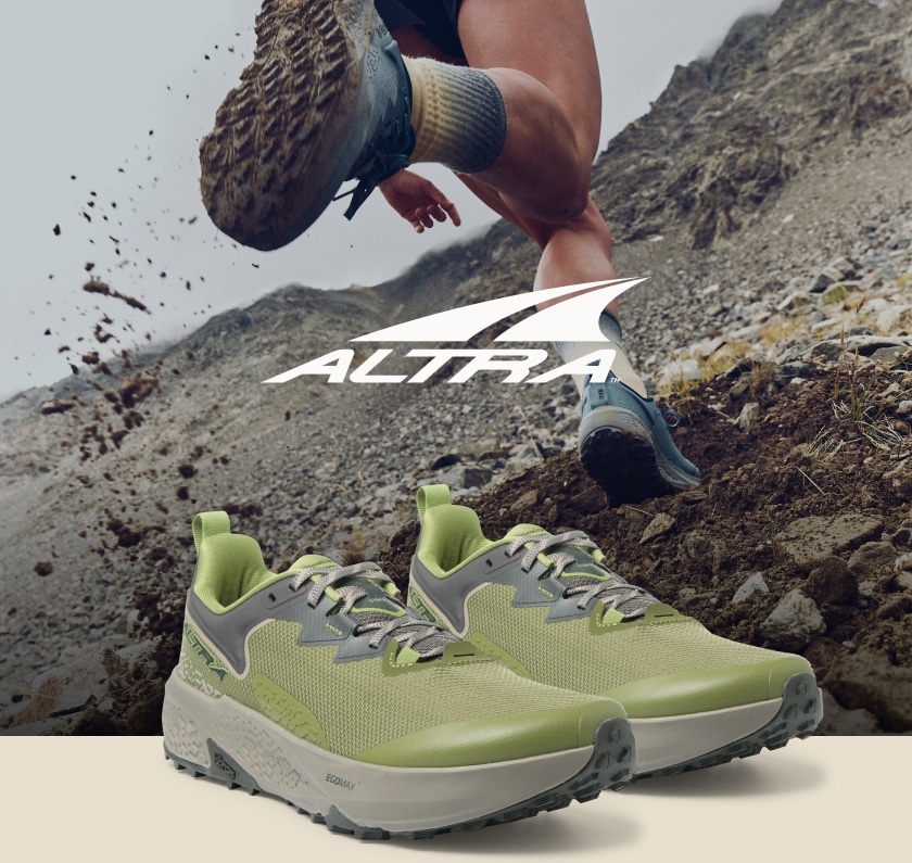 Altra. A pair of Timp 6 trail-running shoes over an image of someone running through dirt.