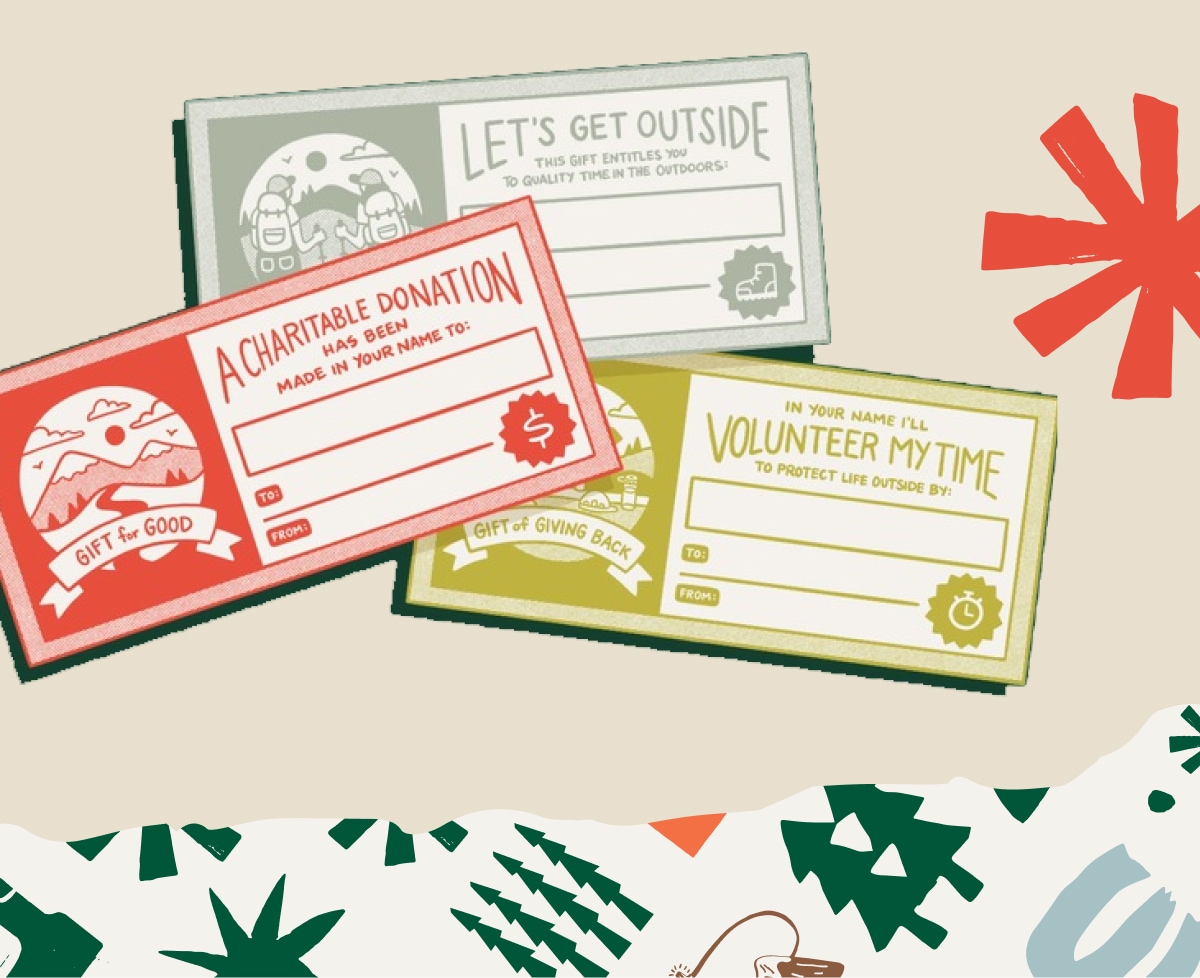 Three hand-drawn gift certificates on a light colored background with holiday wrapping paper & snowflakes.
