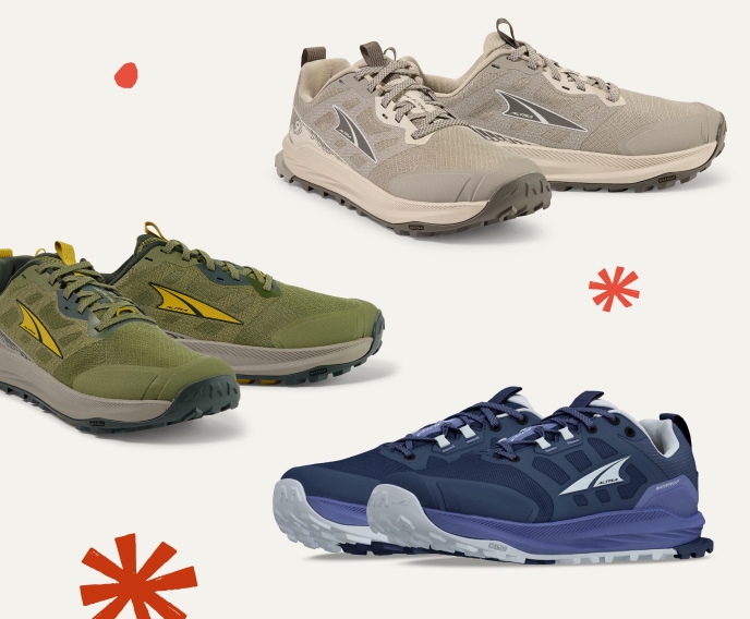 Three pairs of Altra running shoes on a light colored background.