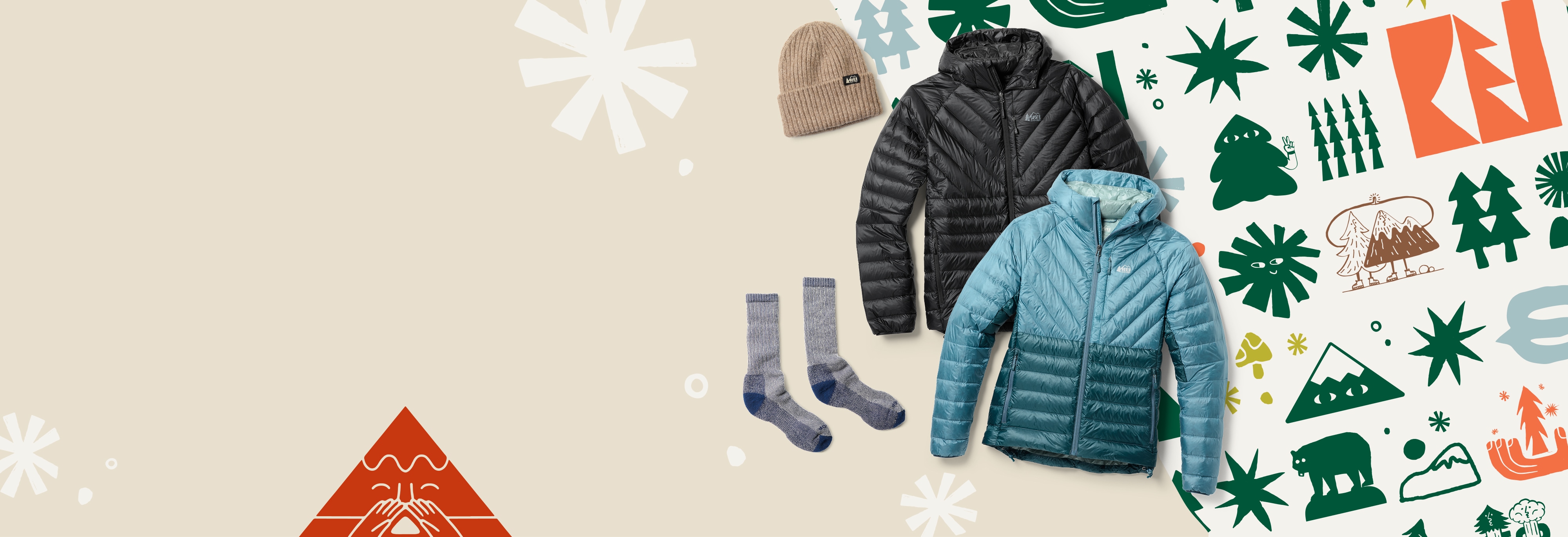 Gift wrap with holiday motifs throughout, a collage of clothing & accessories, and hand-drawn doodles on a light colored background.