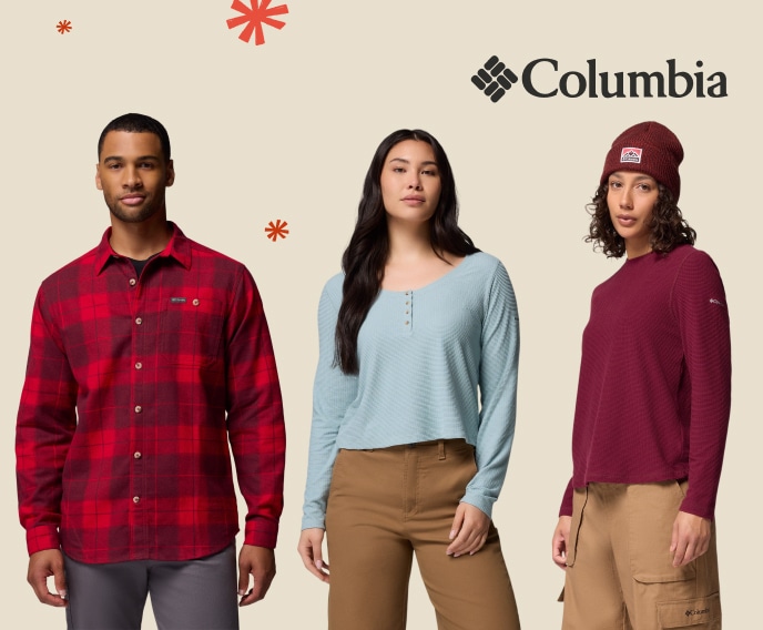 Three people wearing Columbia clothing on a light colored background.