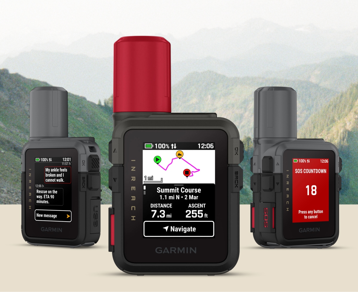 Garmin inReach Mini 3 & Mini 3 Plus devices over an image of a mountain range.