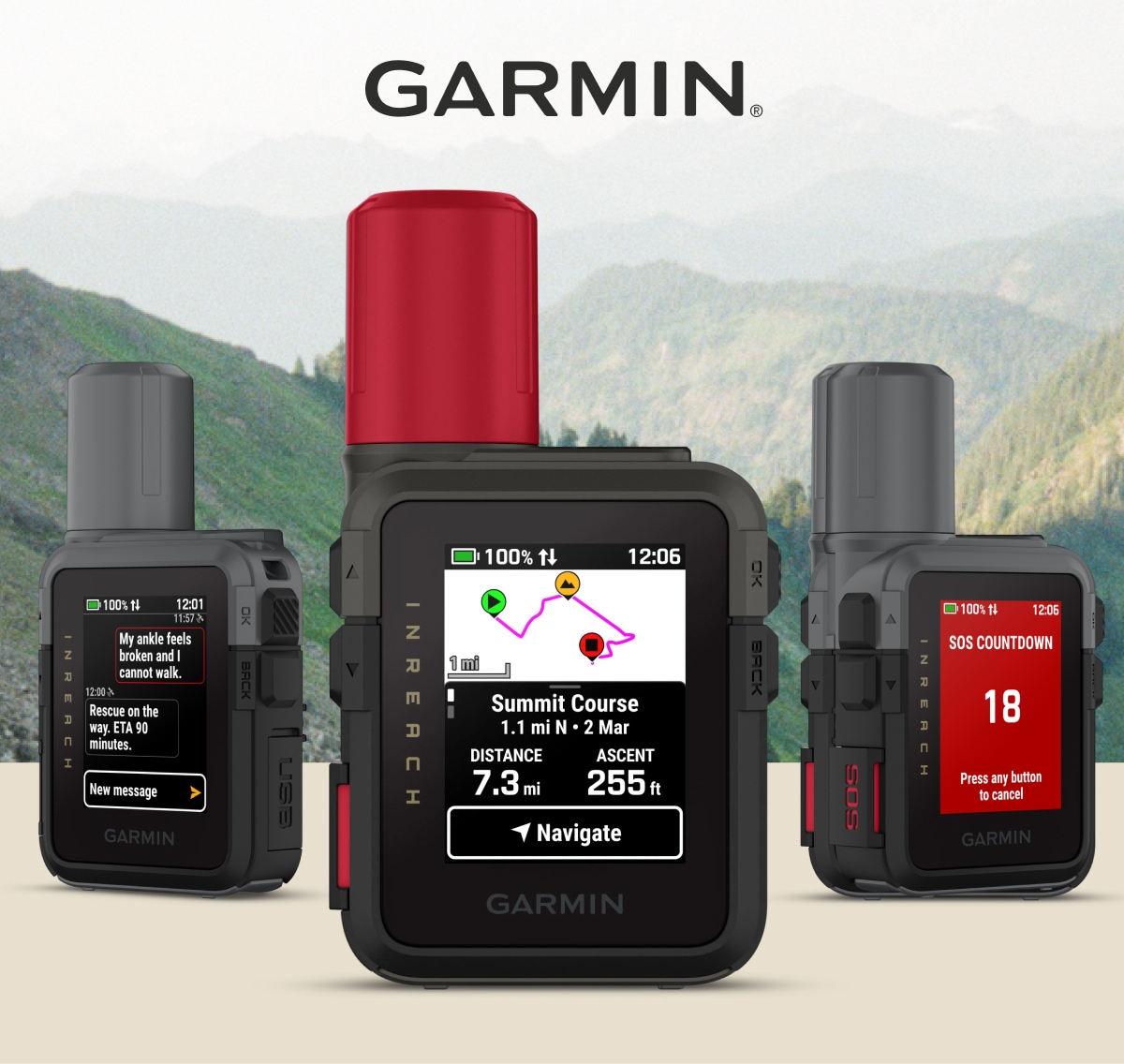 The Garmin inReach Mini 3 and Mini 3 Plus against a mountain backdrop.