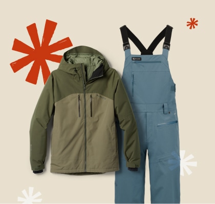 An insulated jacket and a bib from Flylow on a light colored background with snowflakes.