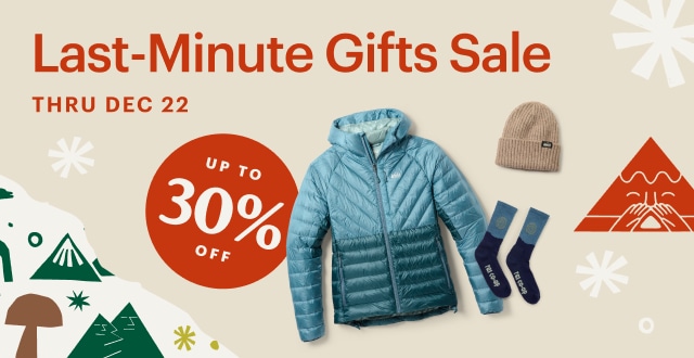 REI Co-op jacket, beanie and socks. Headline: Last-Minute Gifts Sale THRU DEC 22. UP TO 30% OFF