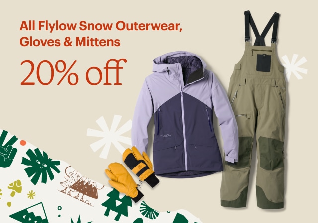 Flylow jacket, bib pants and gloves. Headline: All Flylow Snow Outerwear, Gloves & Mittens 20% off