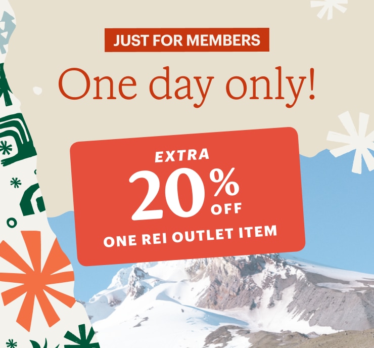 REI Outlet coupon. Headline: JUST FOR MEMBERS. One day only! EXTRA 20% OFF ONE REI OUTLET ITEM