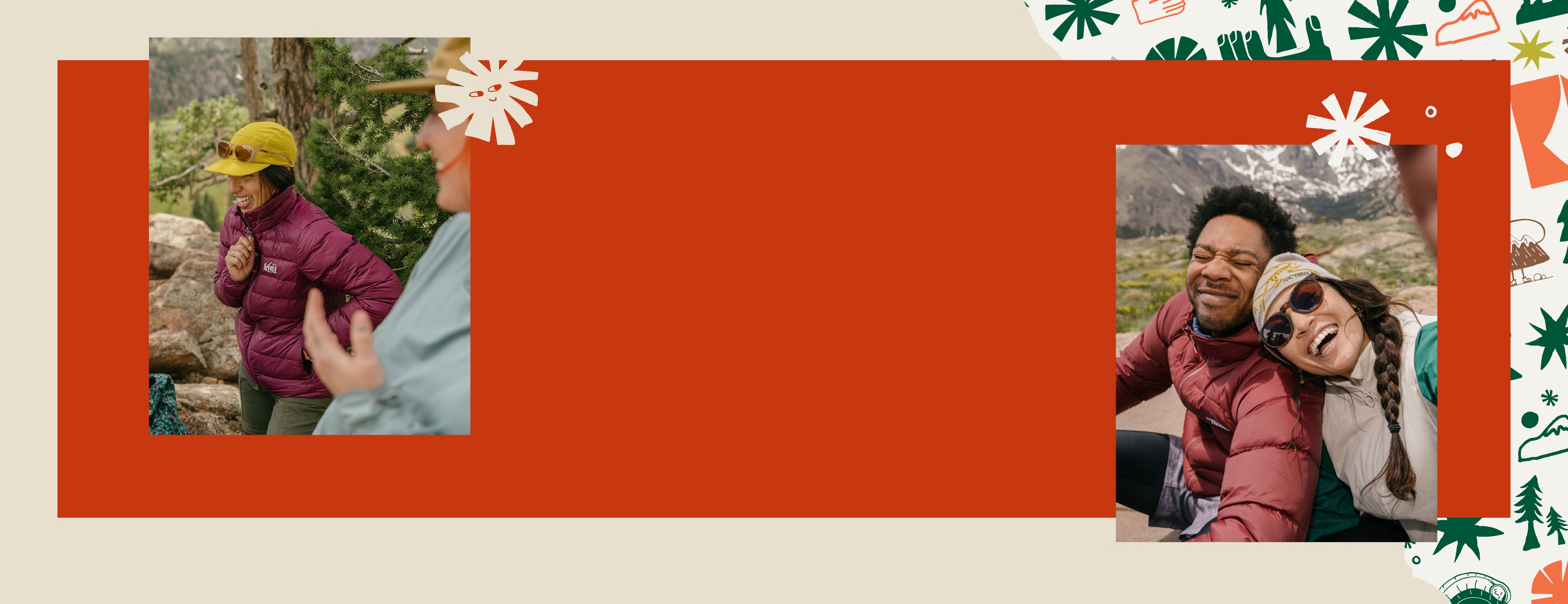 Two photos of people laughing while enjoying the outdoors overlapping torn wrapping paper with holiday motifs.