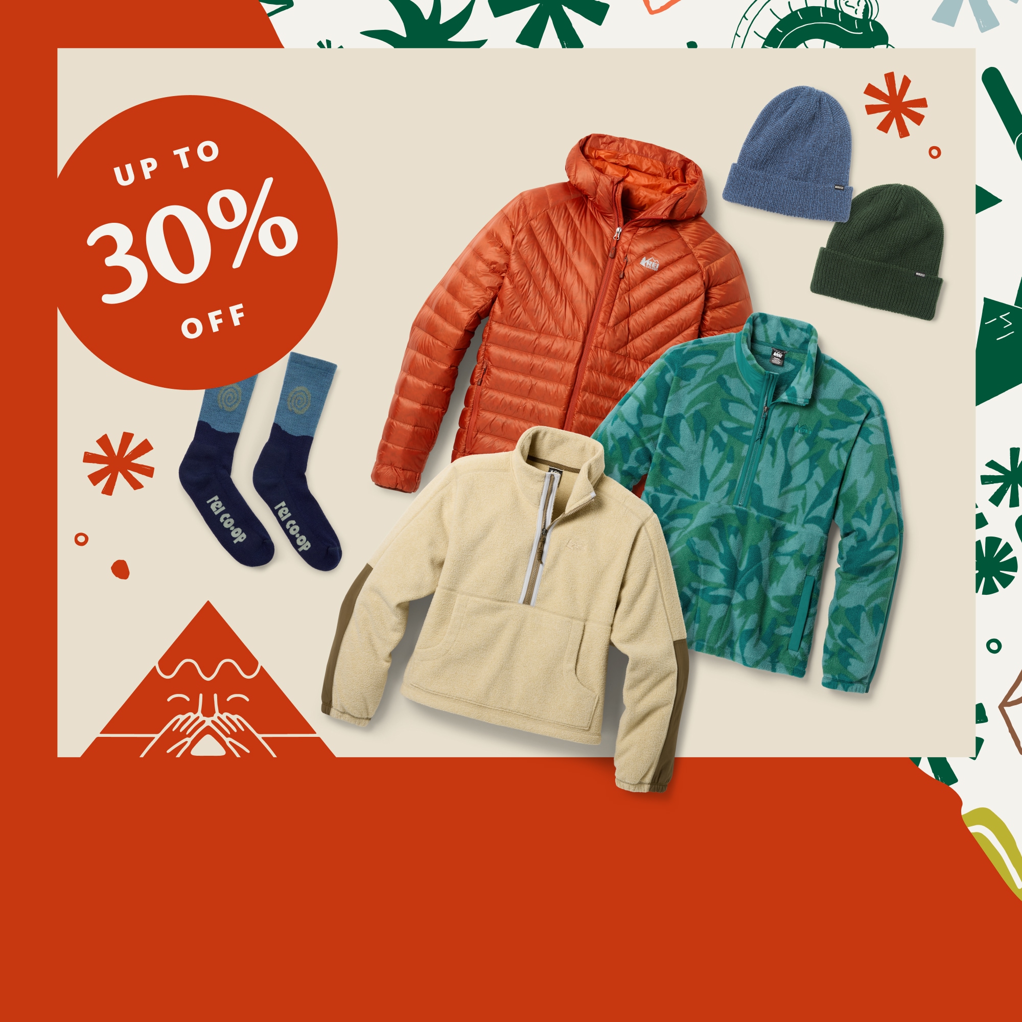 Up to 30% off. A collage of clothing and accessories on a light colored background  with holiday gift wrap and snowflakes.