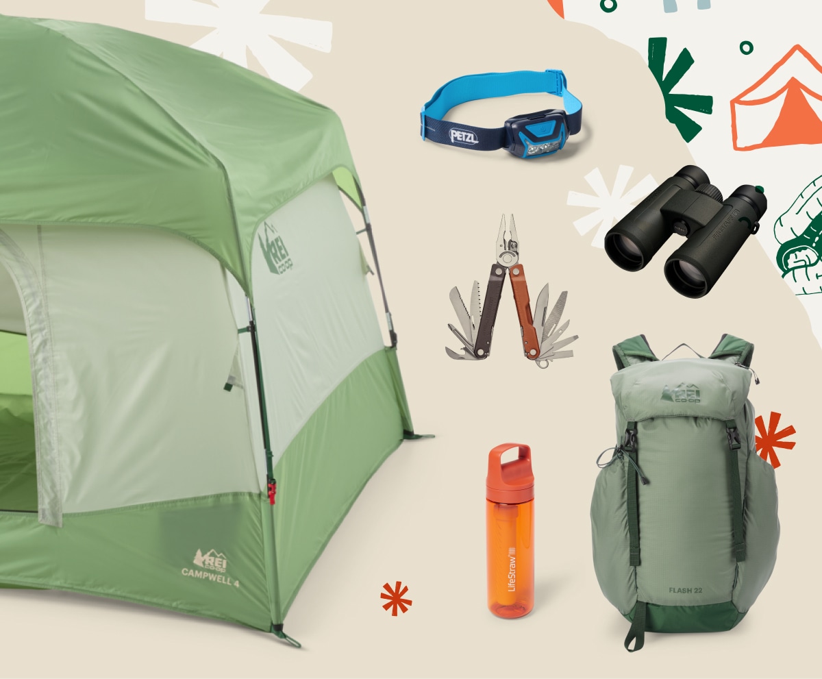 A tent, water bottle, R E I pack, Leatherman multi-tool, binoculars, & a Petzl headlamp on a light colored background with hand-drawn snowflakes.