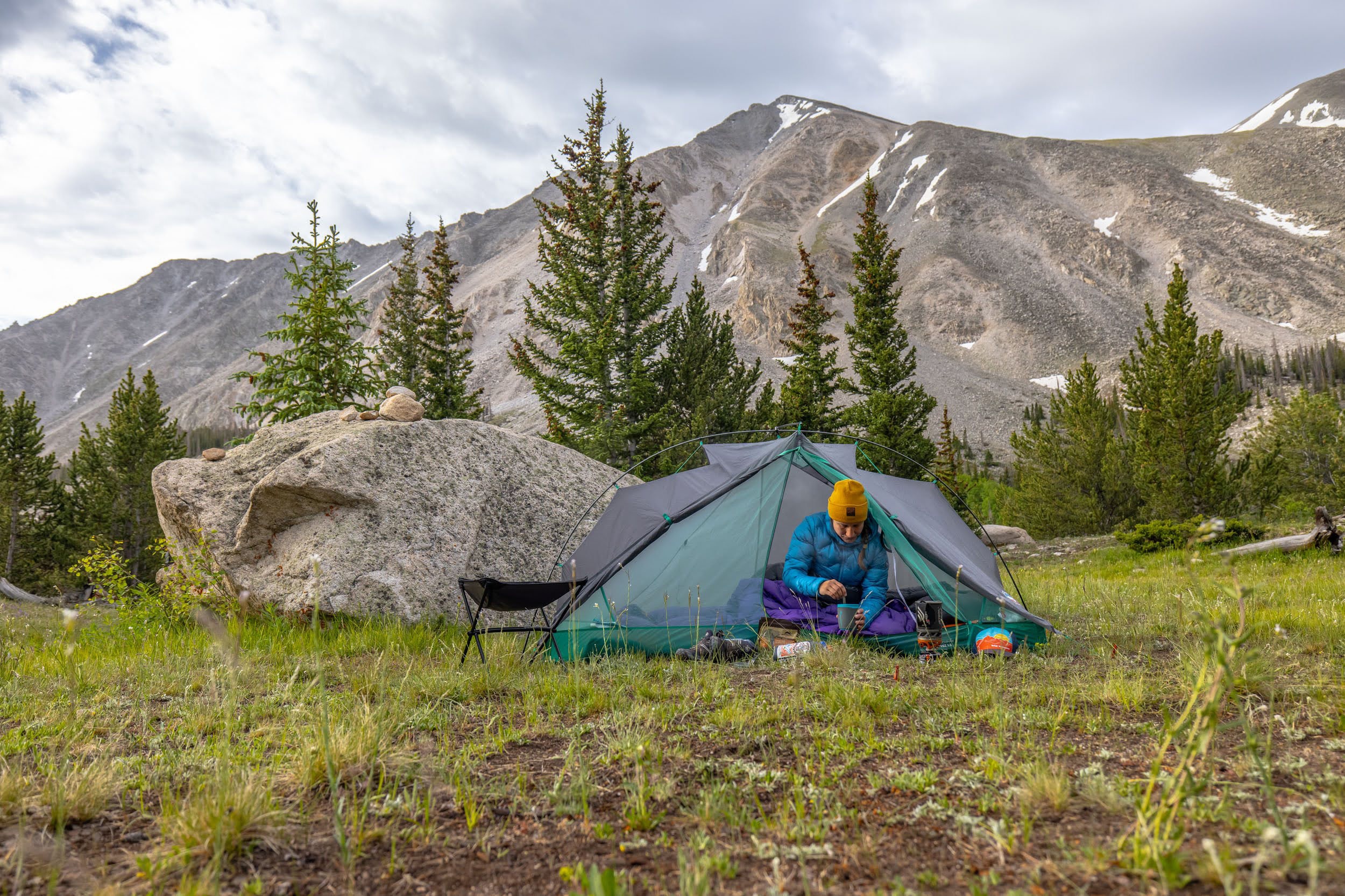 Photo of a camper inside the Pitchpine tent in the backcountry