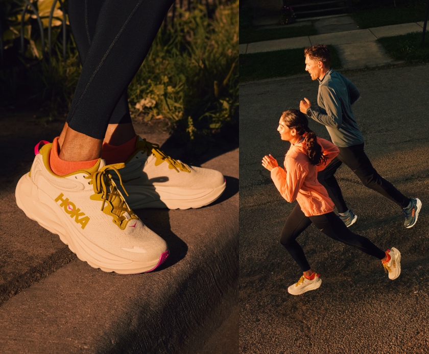 A pair of HOKA Gaviota 6 running shoes next to an image of two people running together.