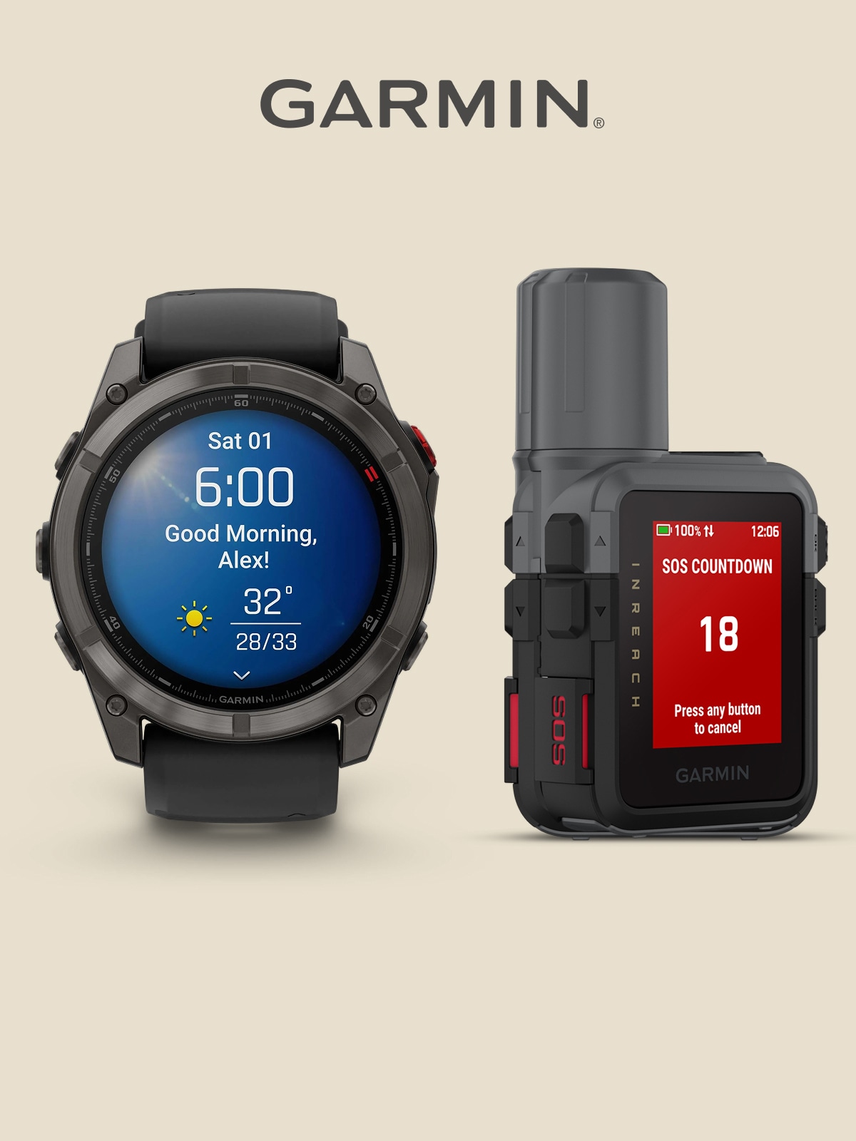 A Garmin watch and an inReach device on a light colored background.