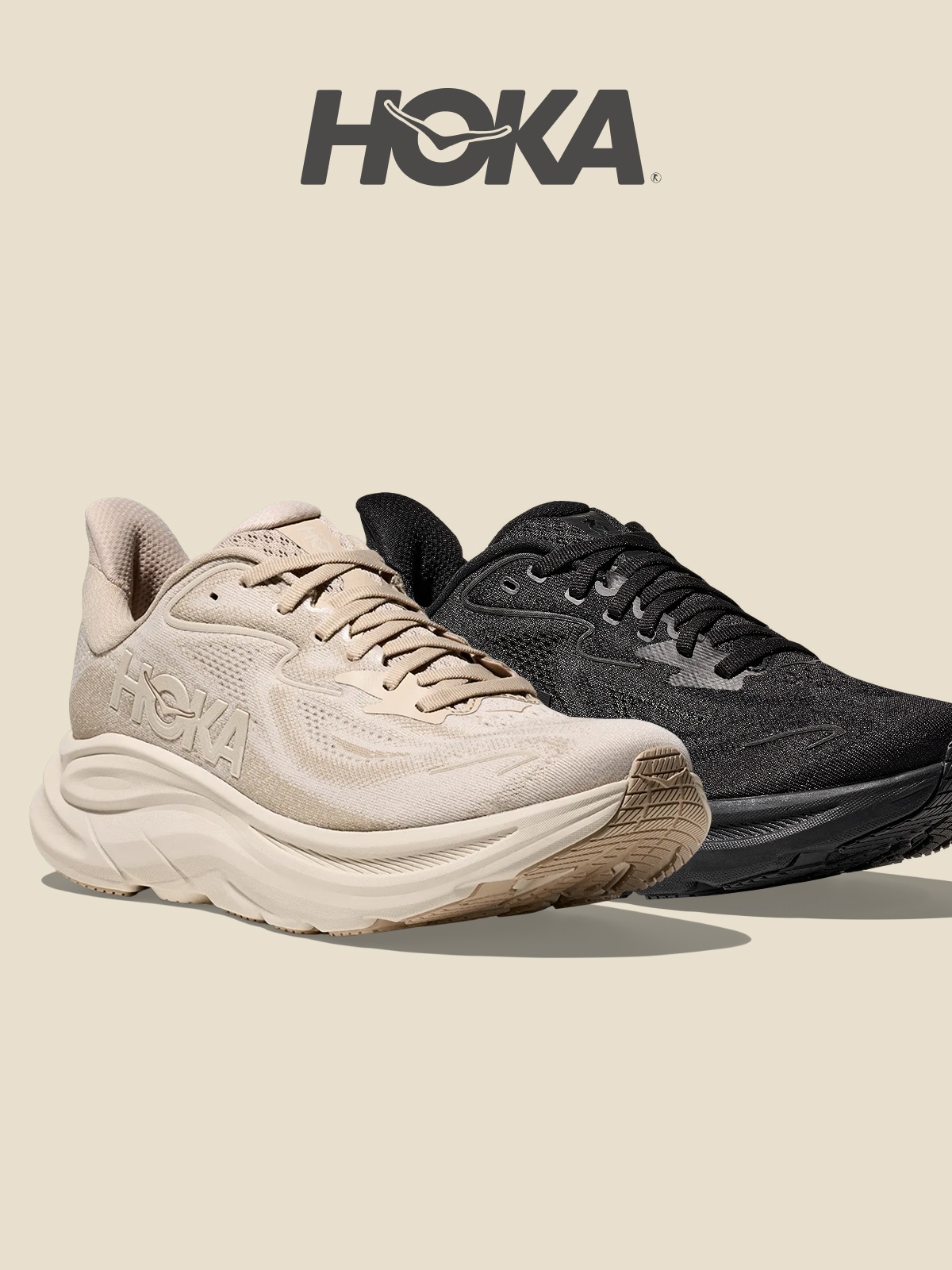 Two HOKA running shoes on a light colored background.