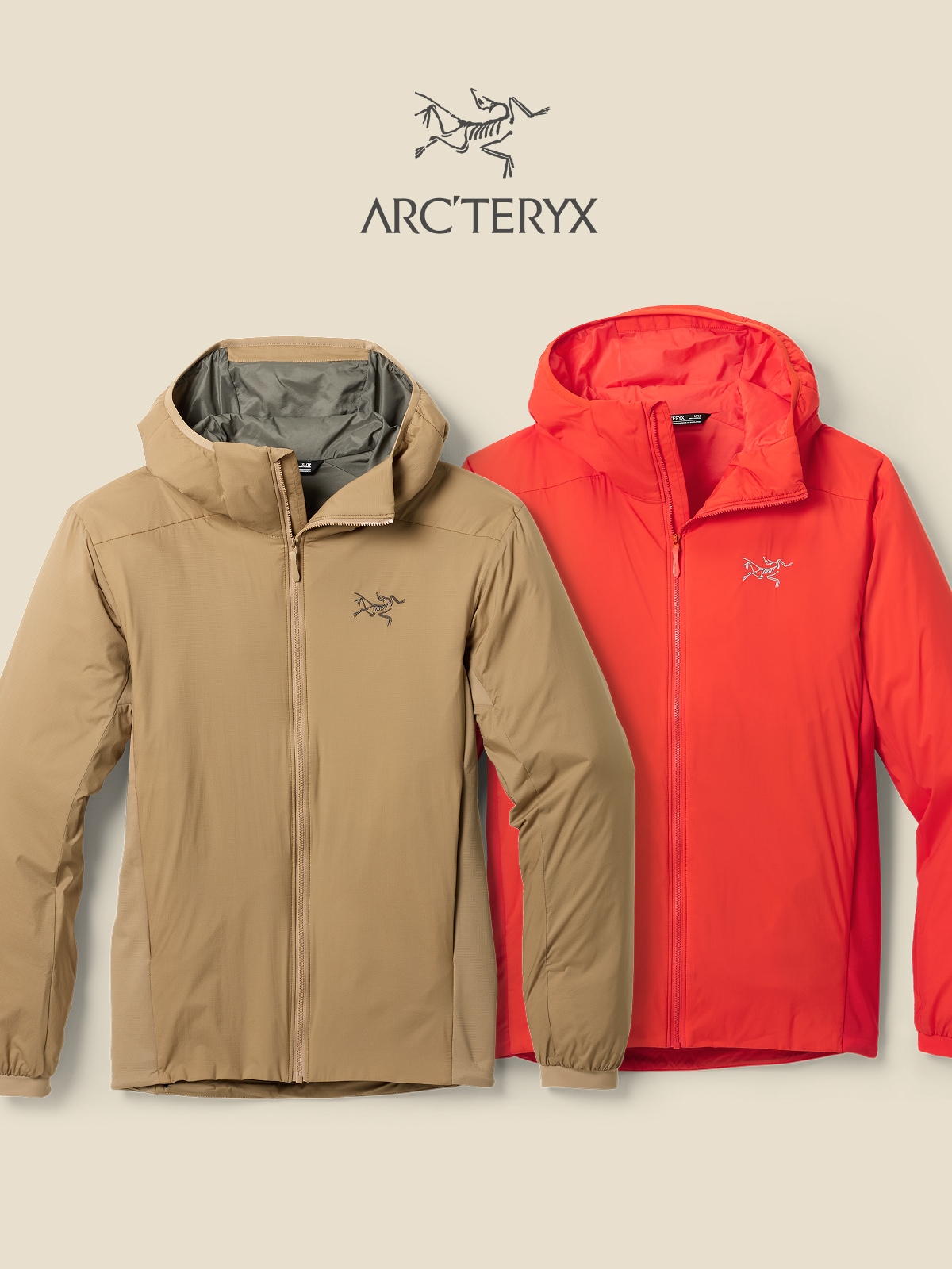 Two Arc’teryx jackets on a light colored background.